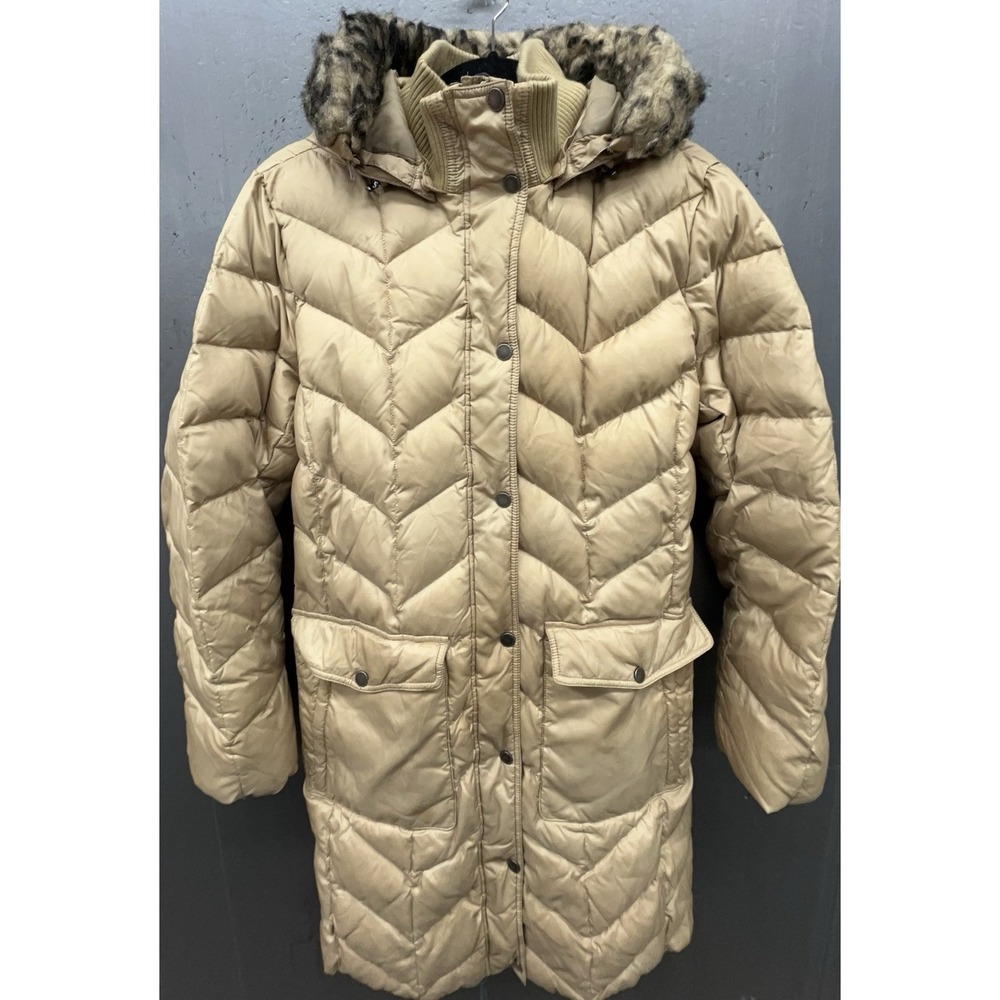 Lands End Down Coat Women XL Beige Long‎ Hood Pockets Warm Outdoor Travel